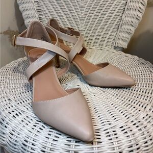 Cream Pointed-Toe Flats with Ankle Straps